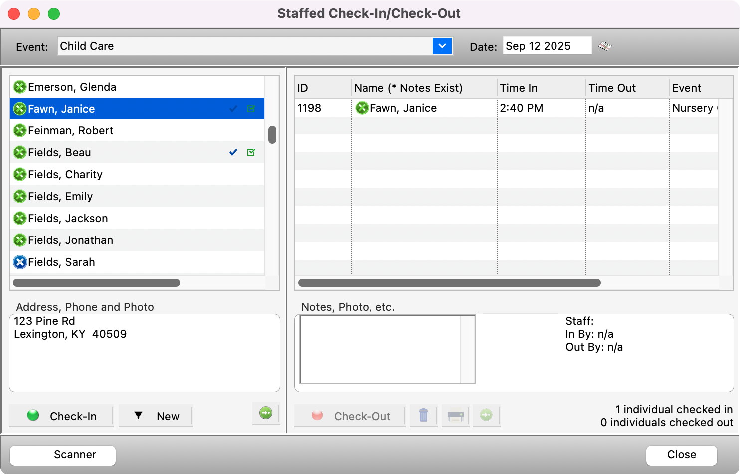 Staff Check-In Check-Out window showing the person checked in. 
