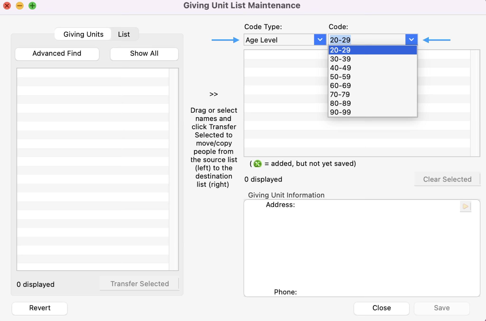 Giving Unit List Maintenance window with arrows pointing to Code Type and Type. 