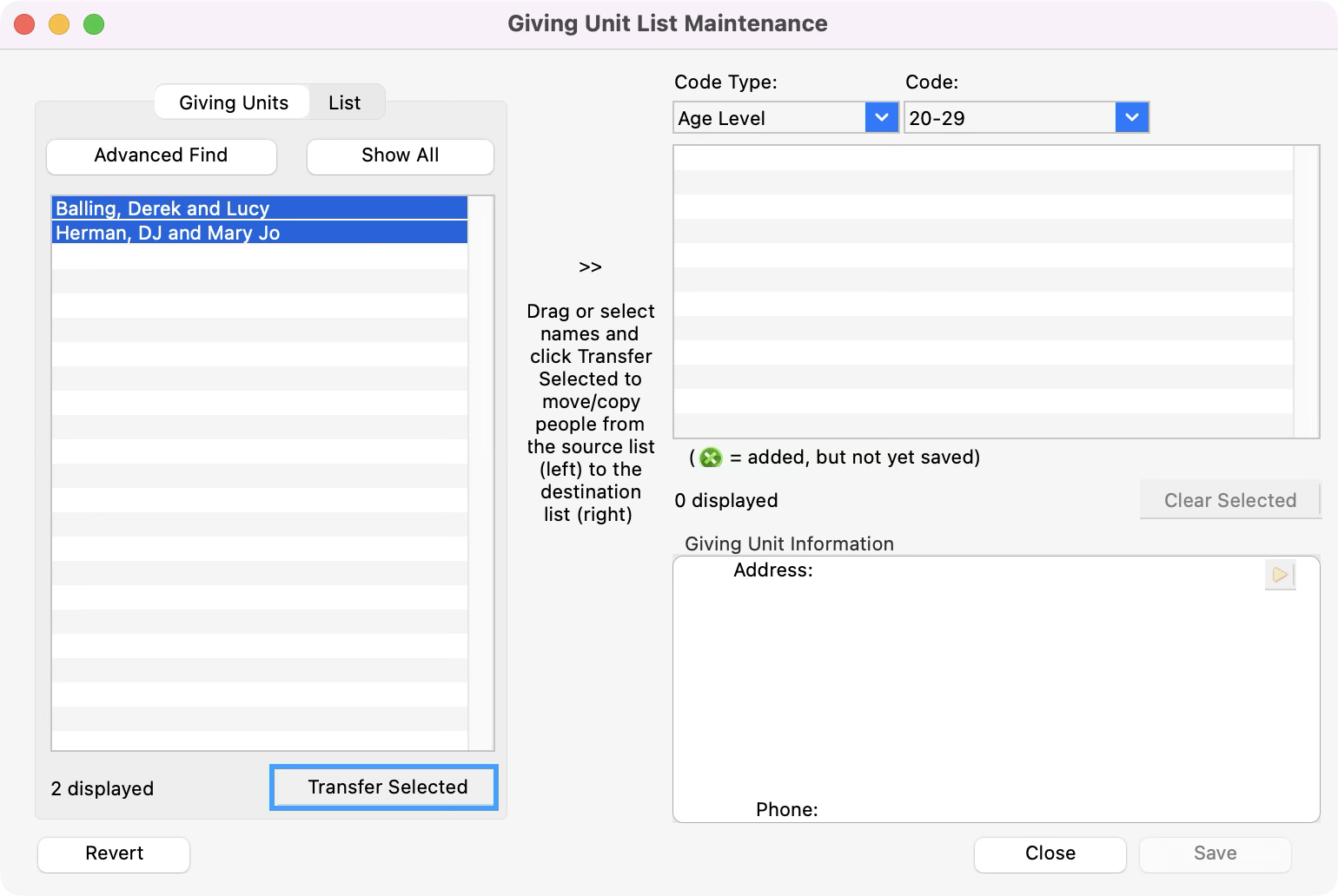 The Giving Unit List Maintenance window with individuals to be moved over highlighted and the Transfer Selected button highlighted.