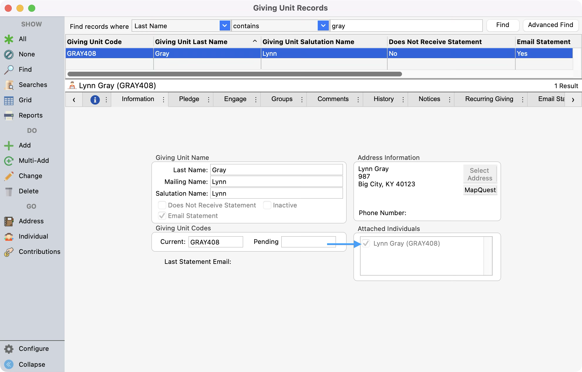 Giving Unit window with an arrow pointing to the attached individual record. 