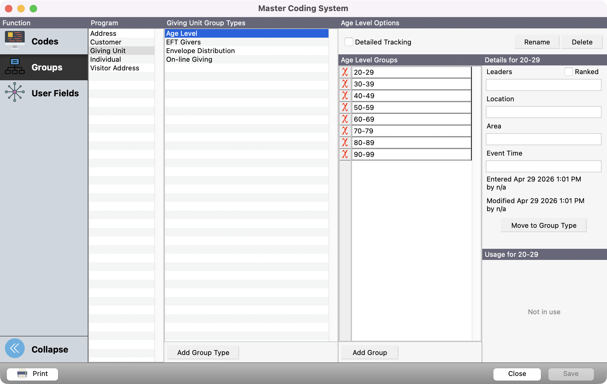 Master Coding System window showing the Age level group type and groups.