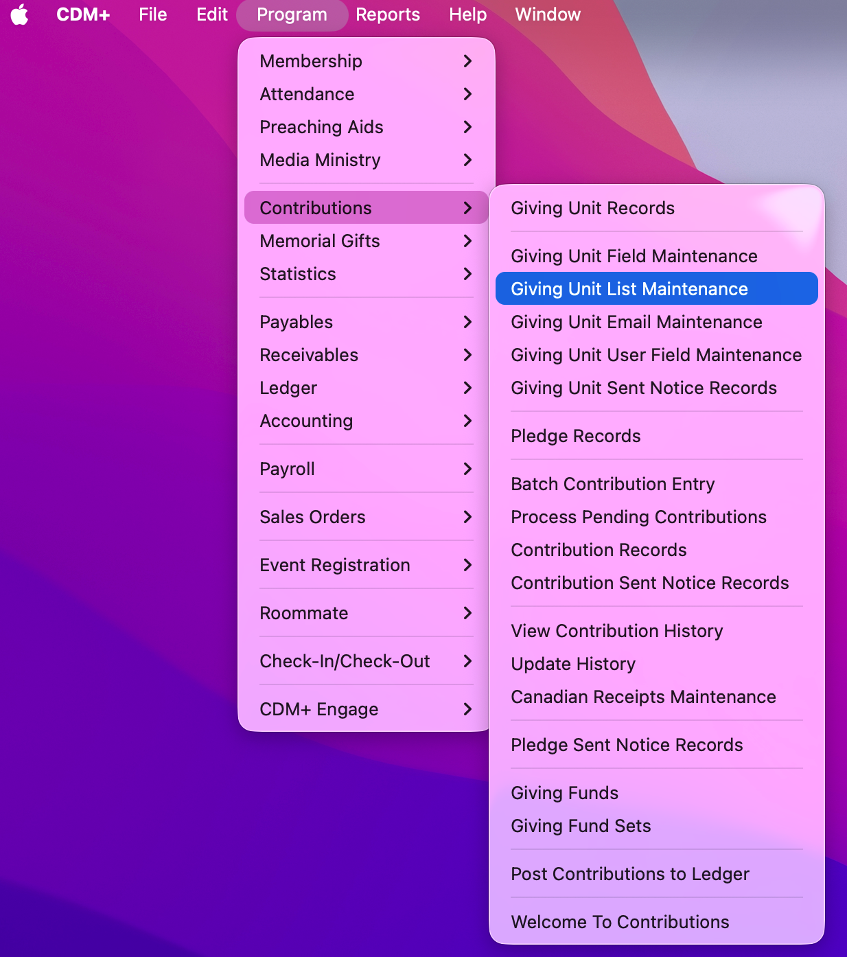 Navigation to Giving Unit List Maintenance window. 