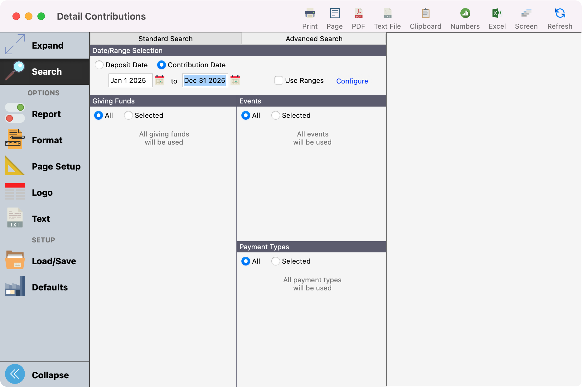 Detail Contribution window showing the standard search criteria.