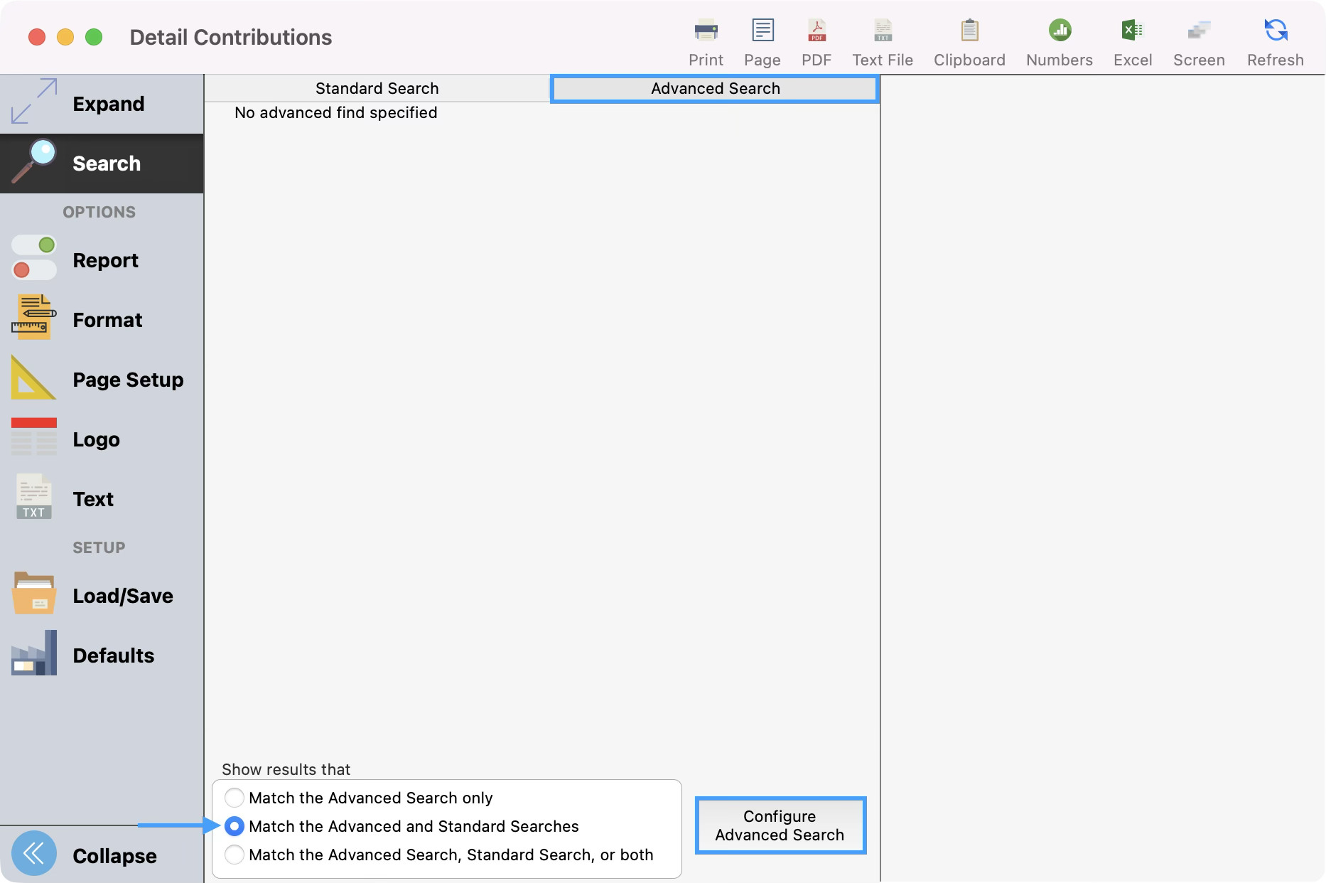 Detail Contributions window with the Advanced Search tab highlightedd, an arrow pointing to the Match the Advanced and Standard Searches radio button, and the configue advanced search button highlighted. 