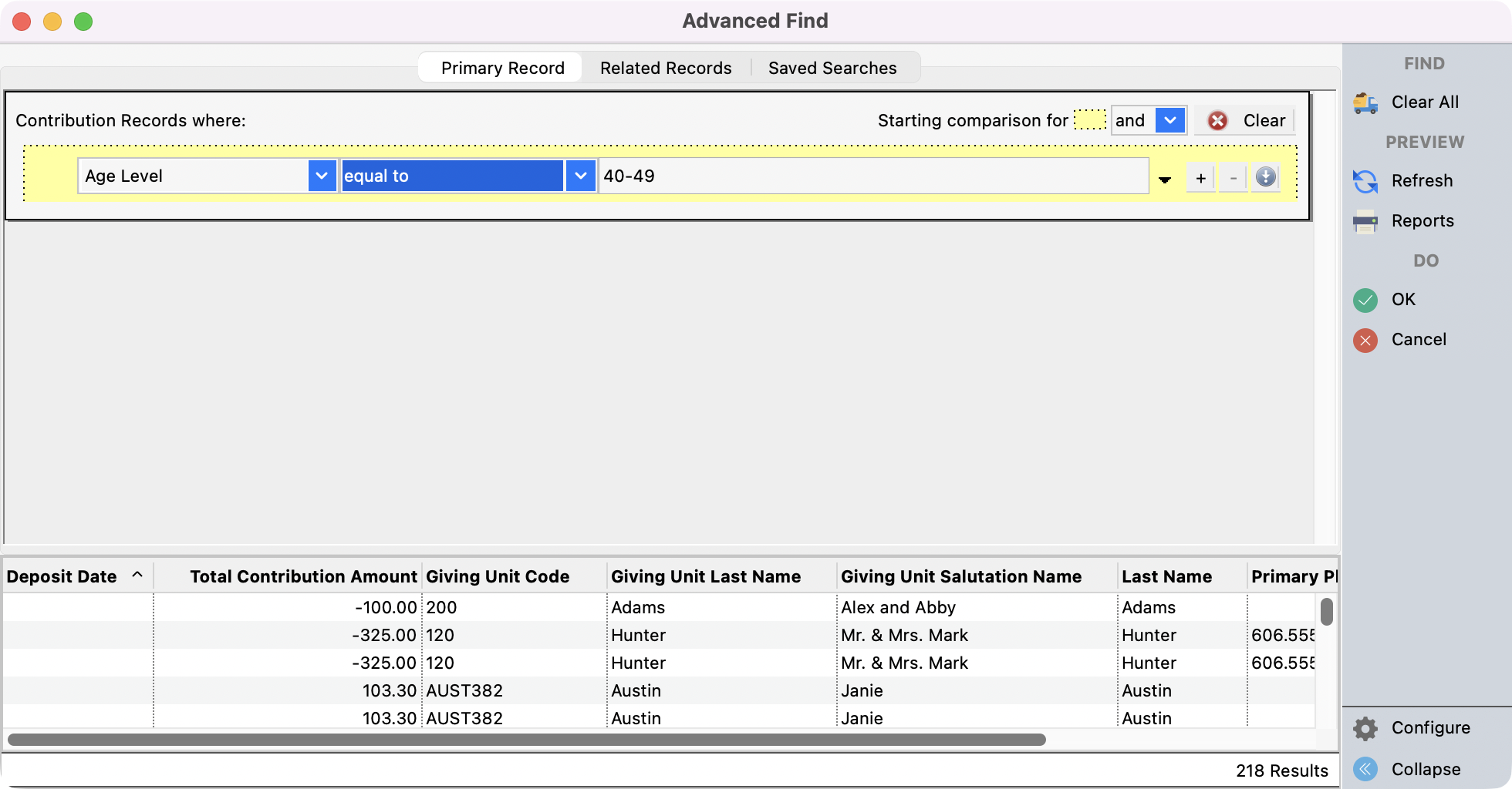 An example of an advanced find configuration. 