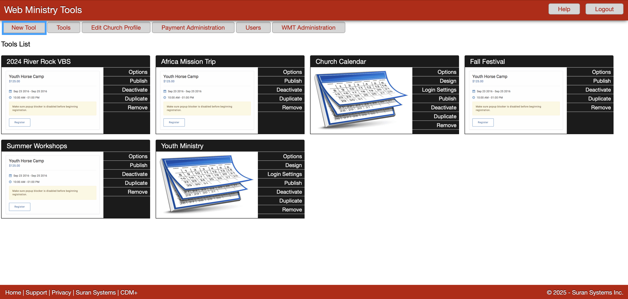 Web Ministry Tools homepage with New Tool highlighted in the upper left-hand corner. 