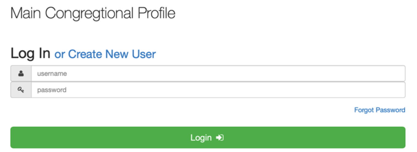 Login screen to the Main Congregational Profile.