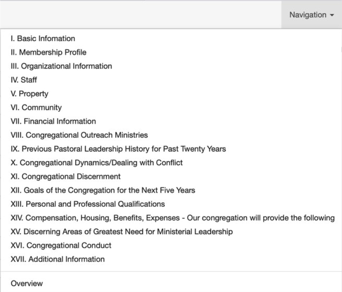 Picture of the different sections of the Congregational Profile. 