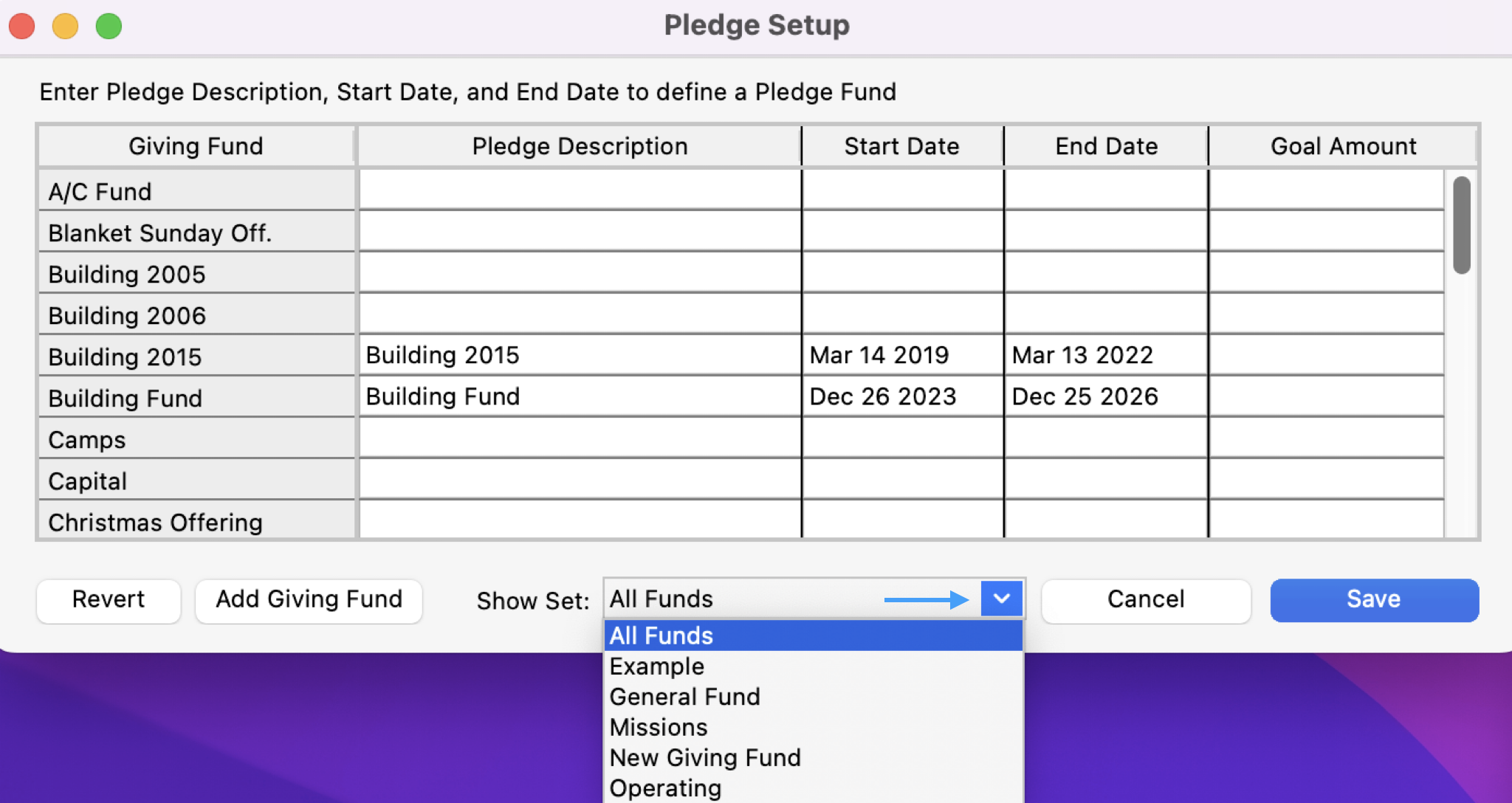 Pledge Setup window highlighting the Show Set drop-down options.