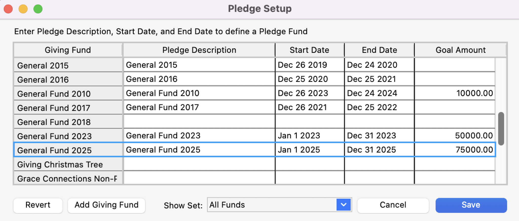 Pledge setup window with the entry fields highlighted. 