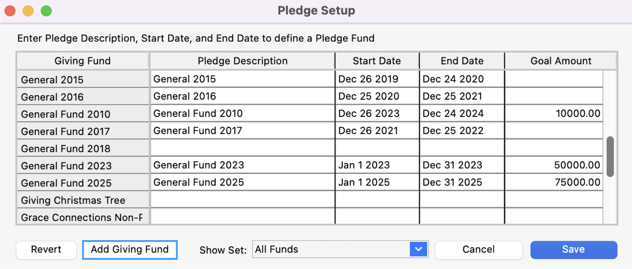 Pledge Setup window with the Add Giving Fund button highlighted.