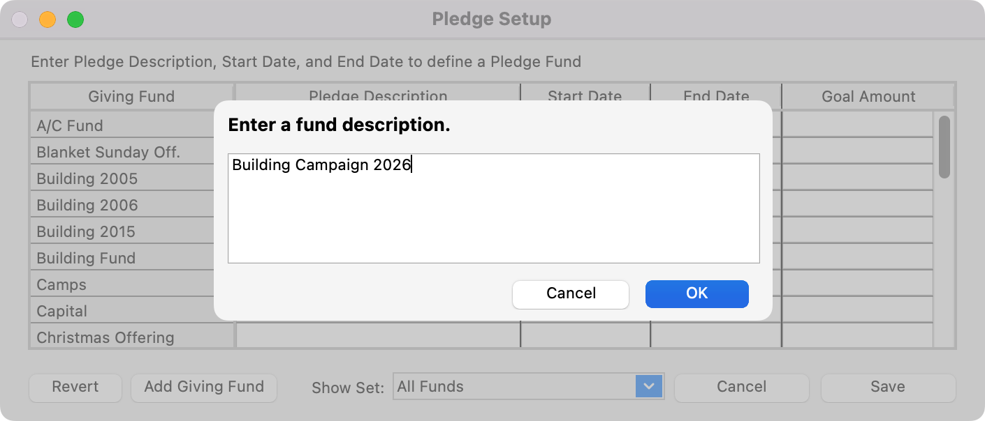Enter a fund description pop-up window.