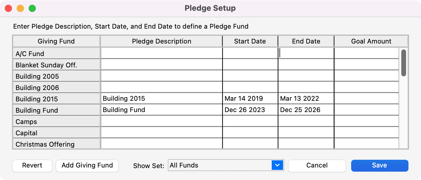 Picture of Pledge Setup window.