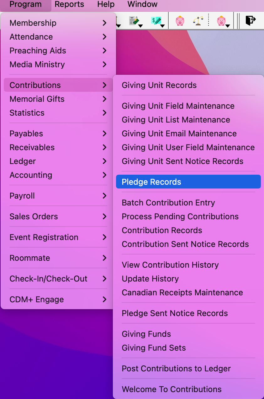 Navigation path to Pledge Records.