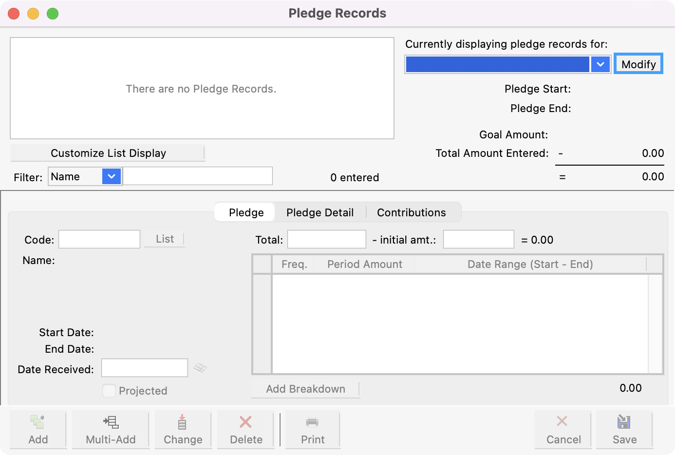 Pledge Records window with the Modify button highlighted.