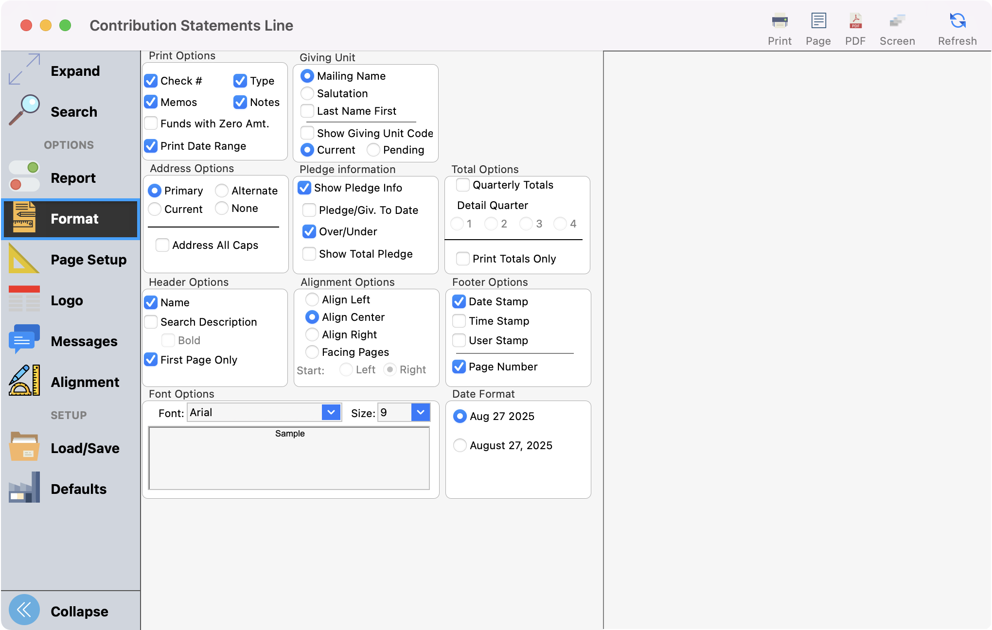 Contribution Statement Line window with format highlighted in the left sidebar.