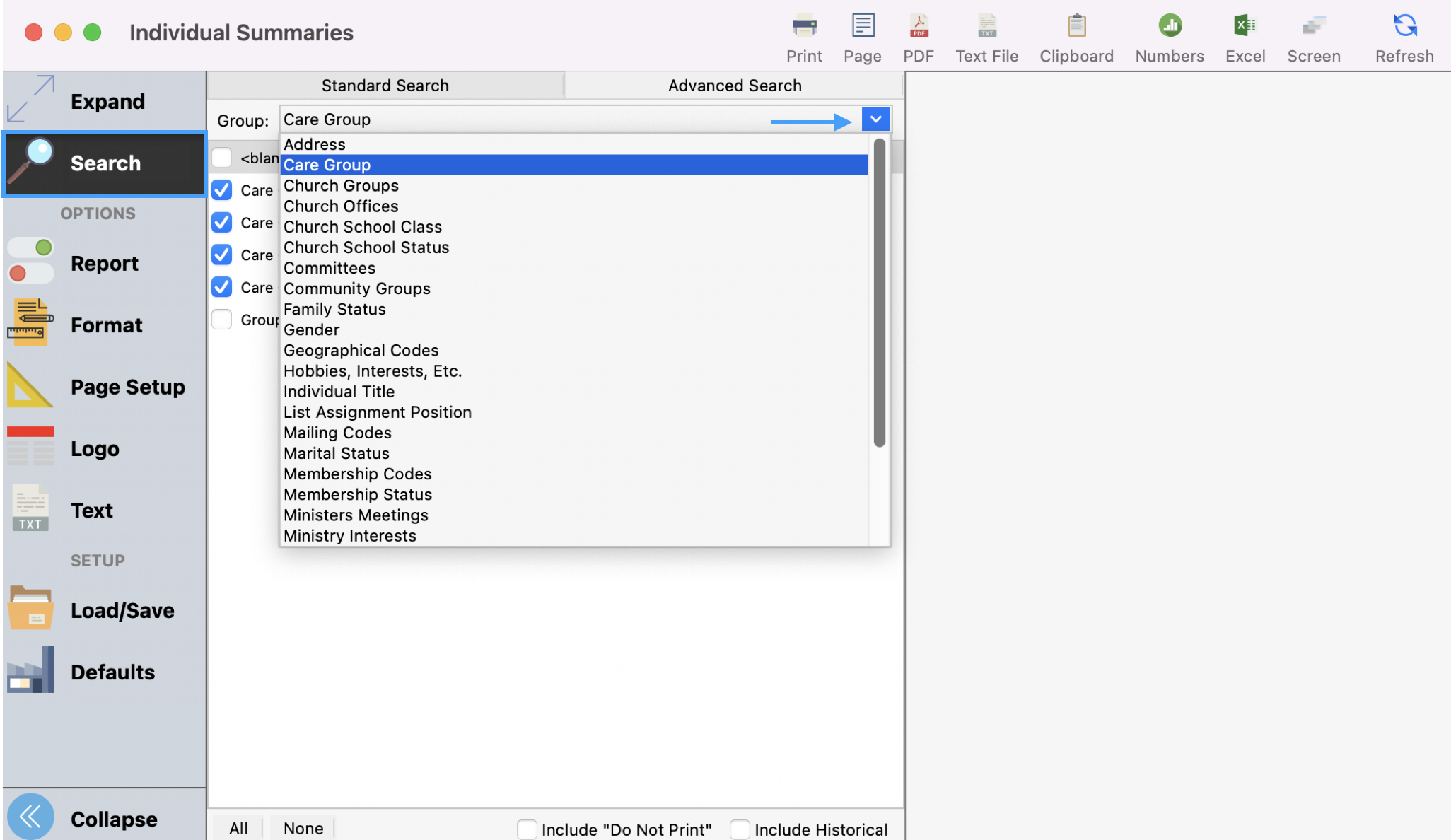 Individual Summaries window with Search highlighted on the left sidebar and an arrow pointing to the group drop-down field. 