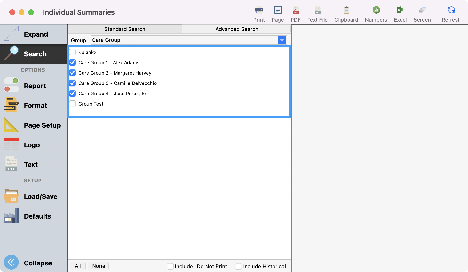 Individual summaries window with code types highlighted.