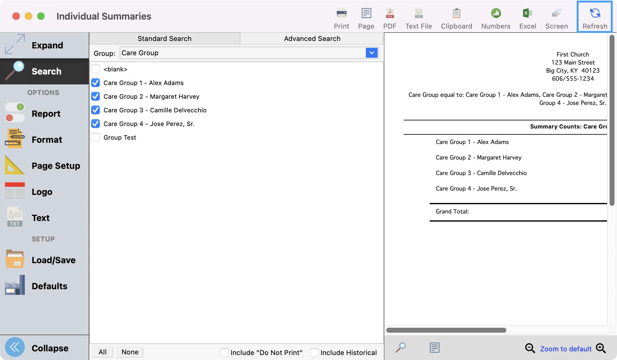The Individual summaries window with refresh highlighted in the upper right-hand corner.