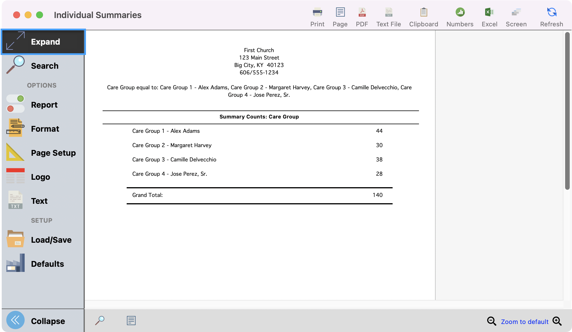 Individual summaries window with expand highlighted in the left sidebar.