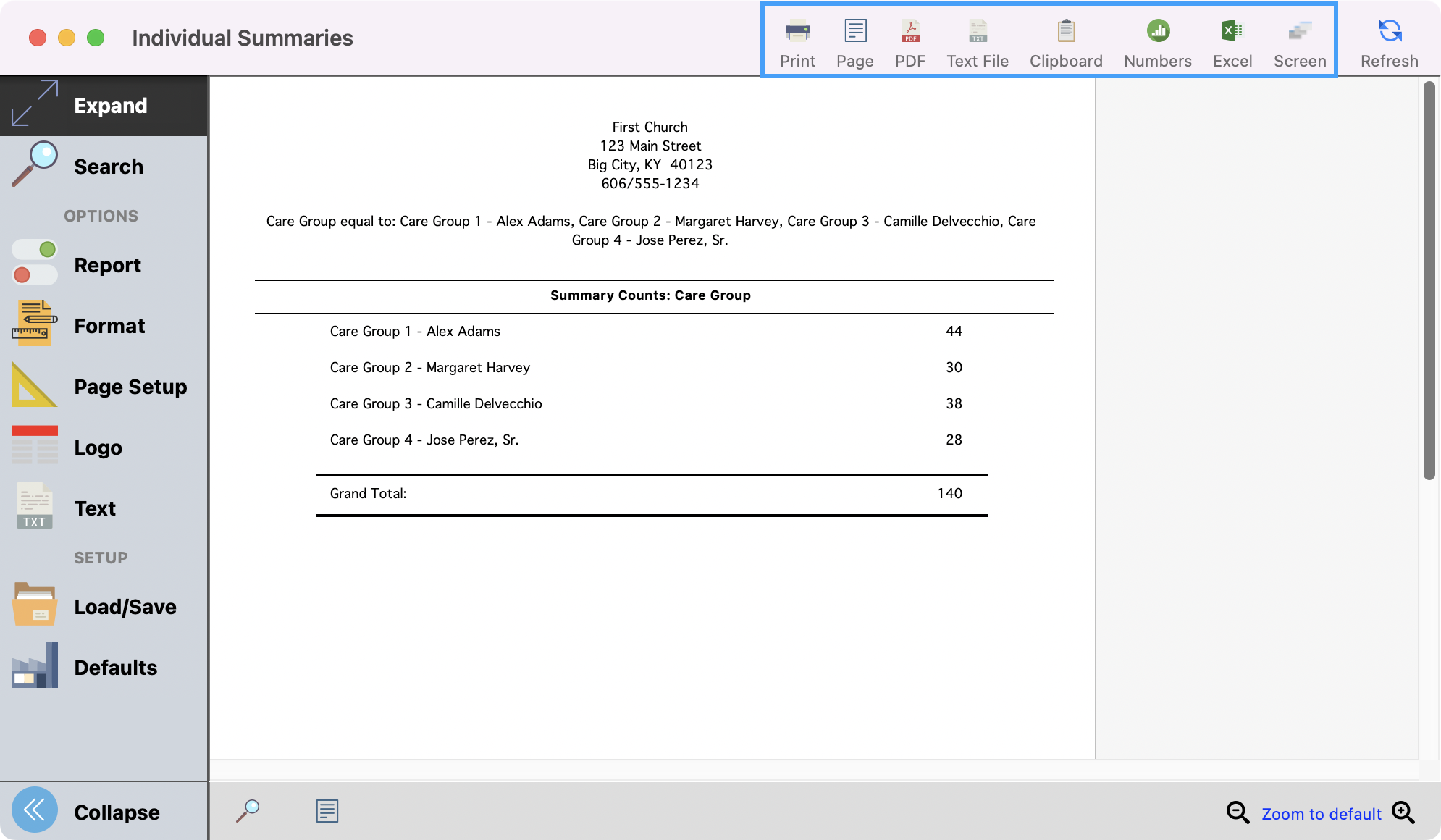 Individual summaries window highlighting the print and export options in the upper right-hand corner.
