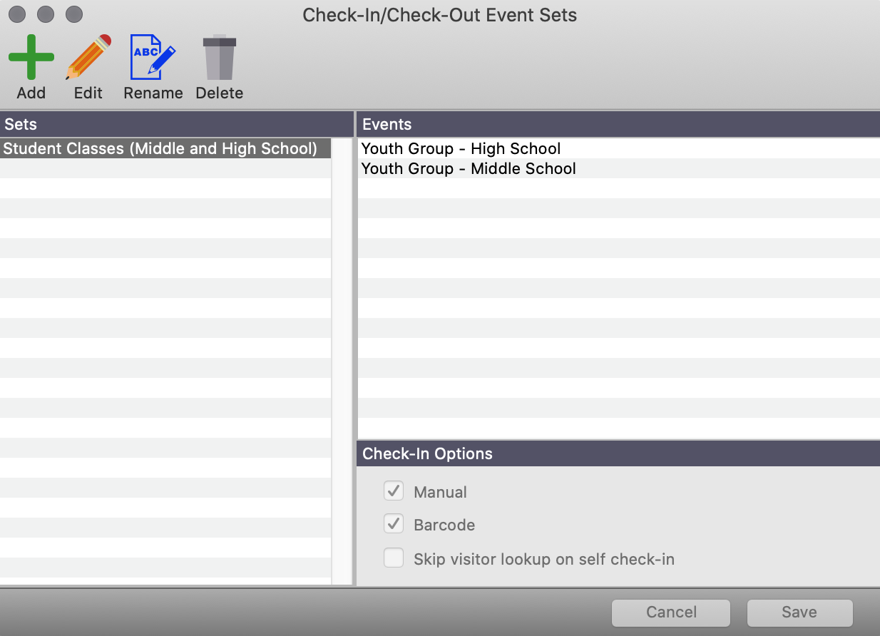 Check-in Check-Out Event Sets window.