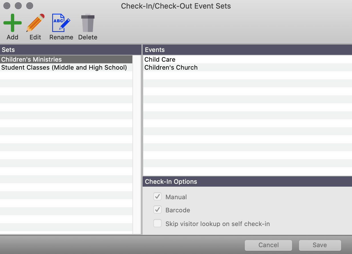 Check-In Check-Out Event Sets window.