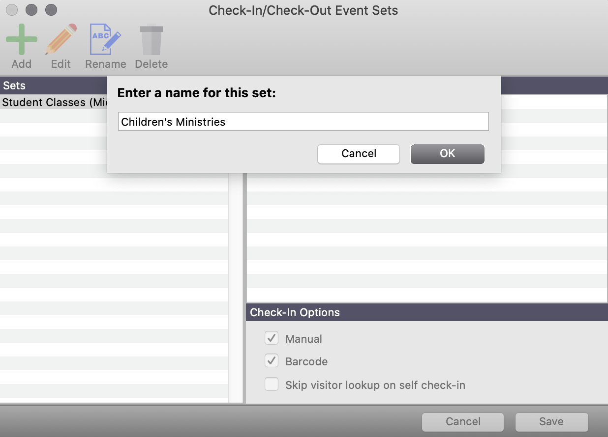 Check-In Check-Out Event Sets window with the pop-up asking for a name for the set.