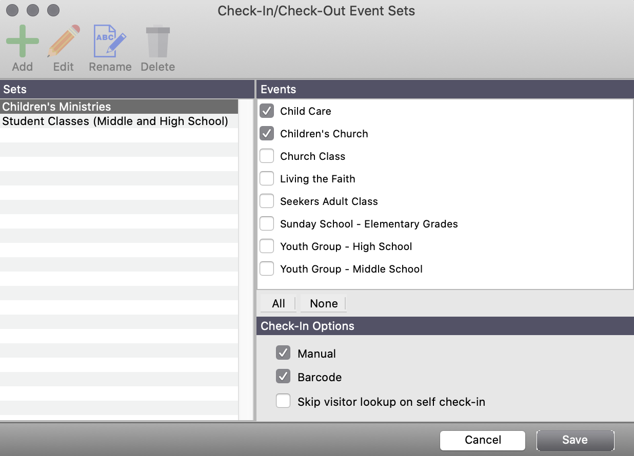 Check-In Check-Out Event Sets window with option to select events shown.