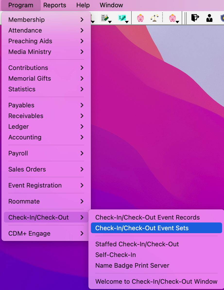 Navigation path to Check-In Check-Out Event Sets
