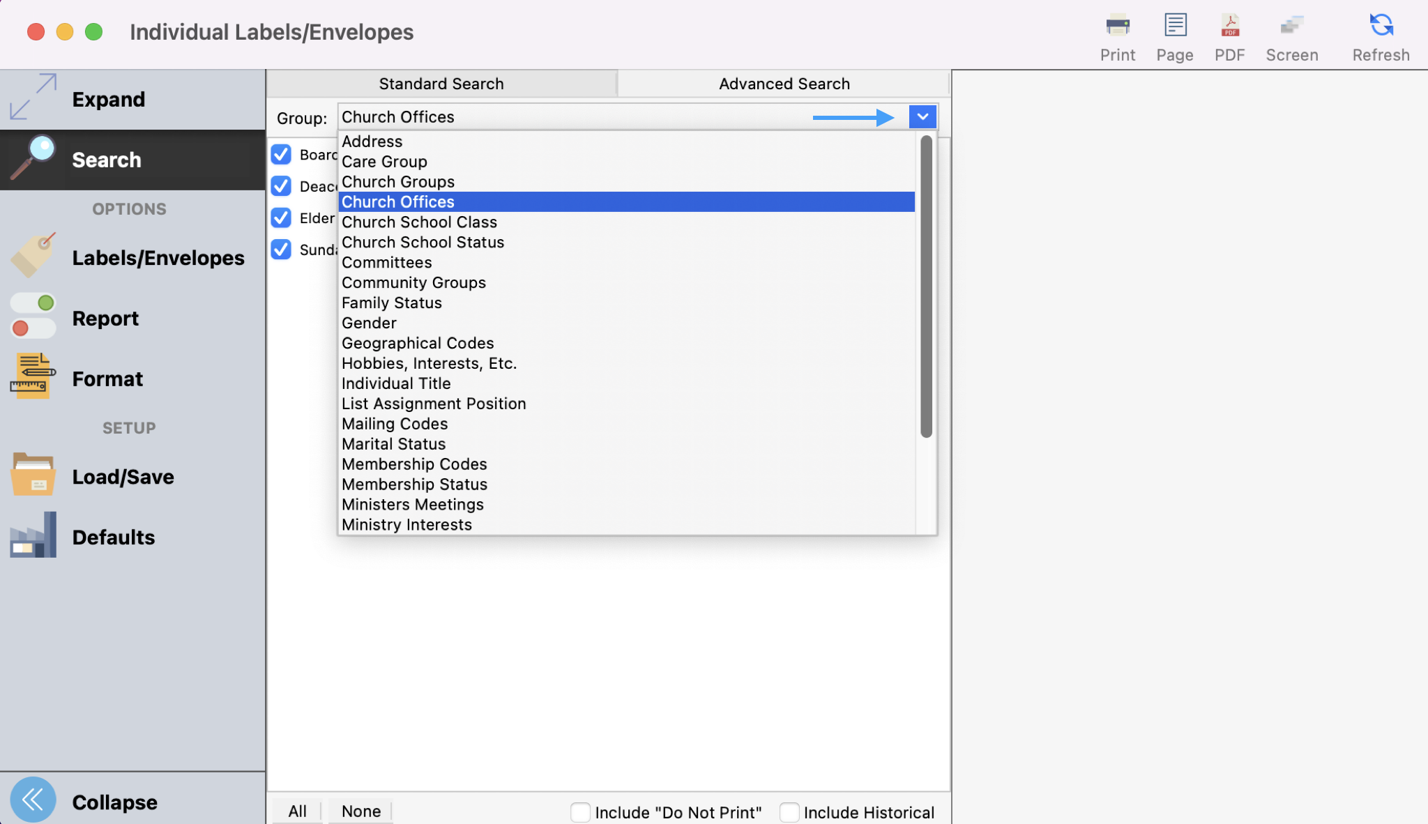 The label envelope window with an arrow pointing to the group drop-down list. 