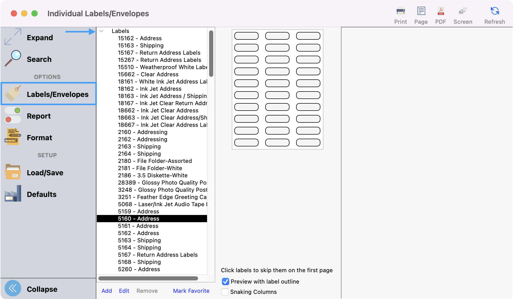 Labels envelope window with the labels envelope tab highlighted on the left sidebar and an arrow pointing to the label options. 