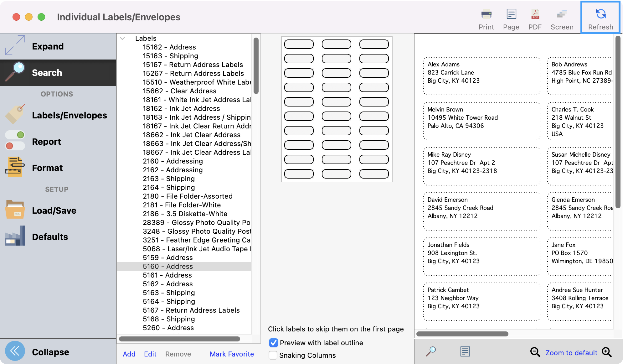 Lables envelope window with the Refresh button highlighted in the upper right-hand corner.