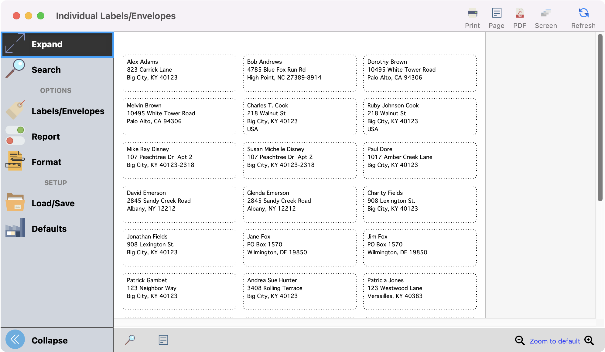 Labels envelope window with Expand highlighted in the left sidebar.