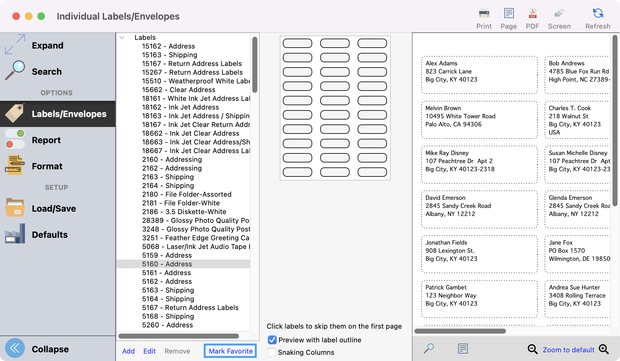 Labels envelopes window highlighting the Mark Favorite option.
