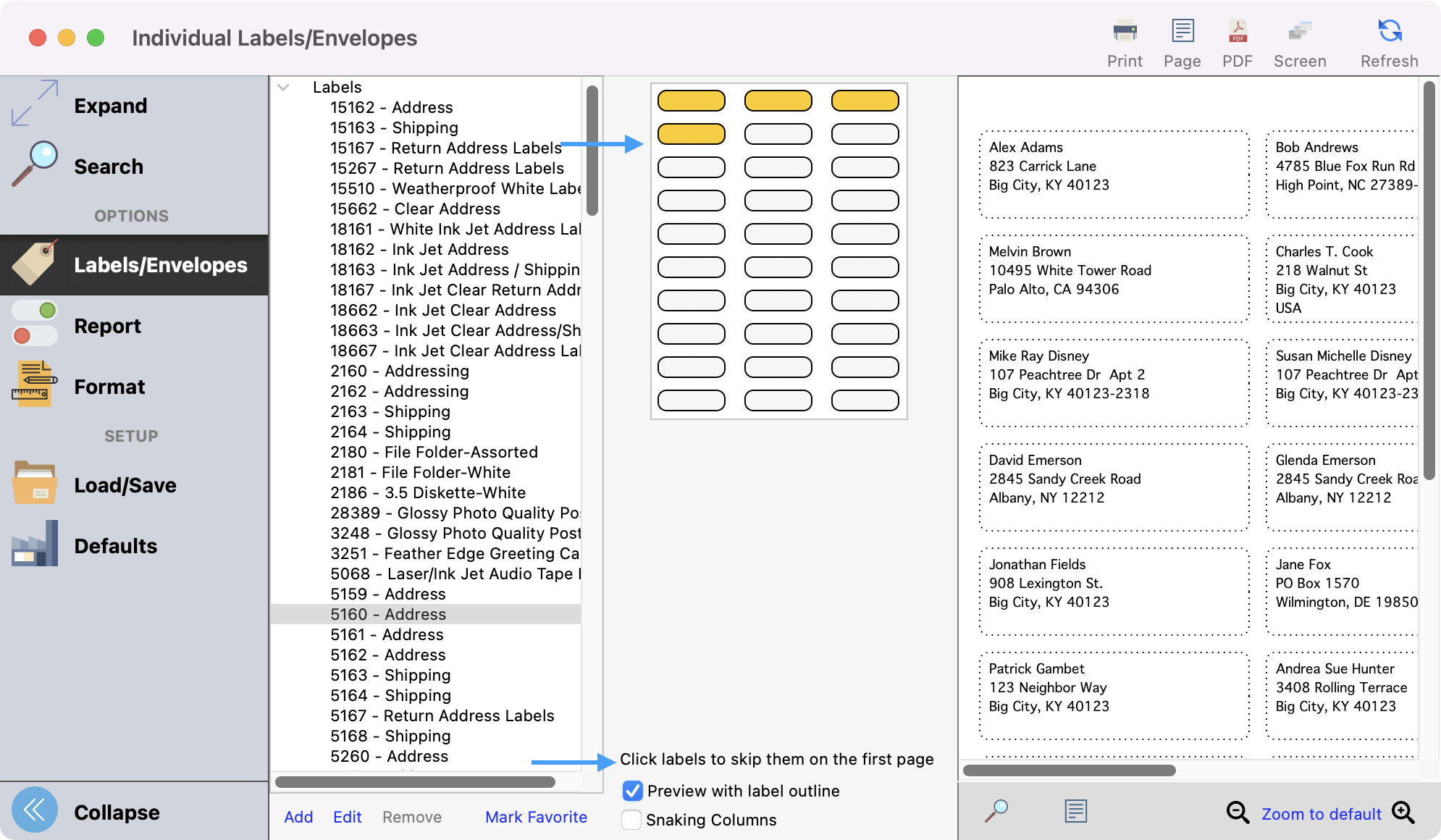 Labels envelope window showing how to click a label to skip it.
