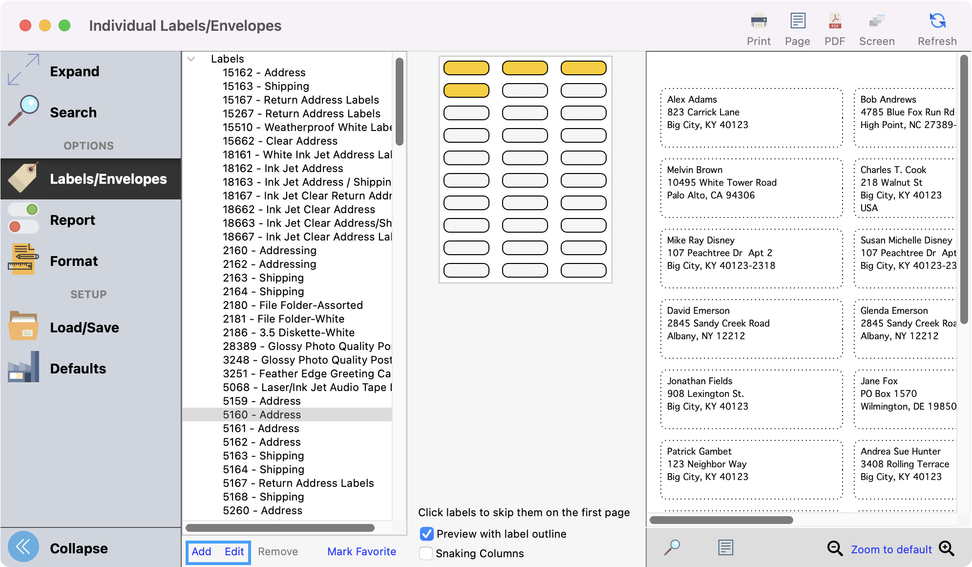 Labels envelope window highlightingi the add and edit options.