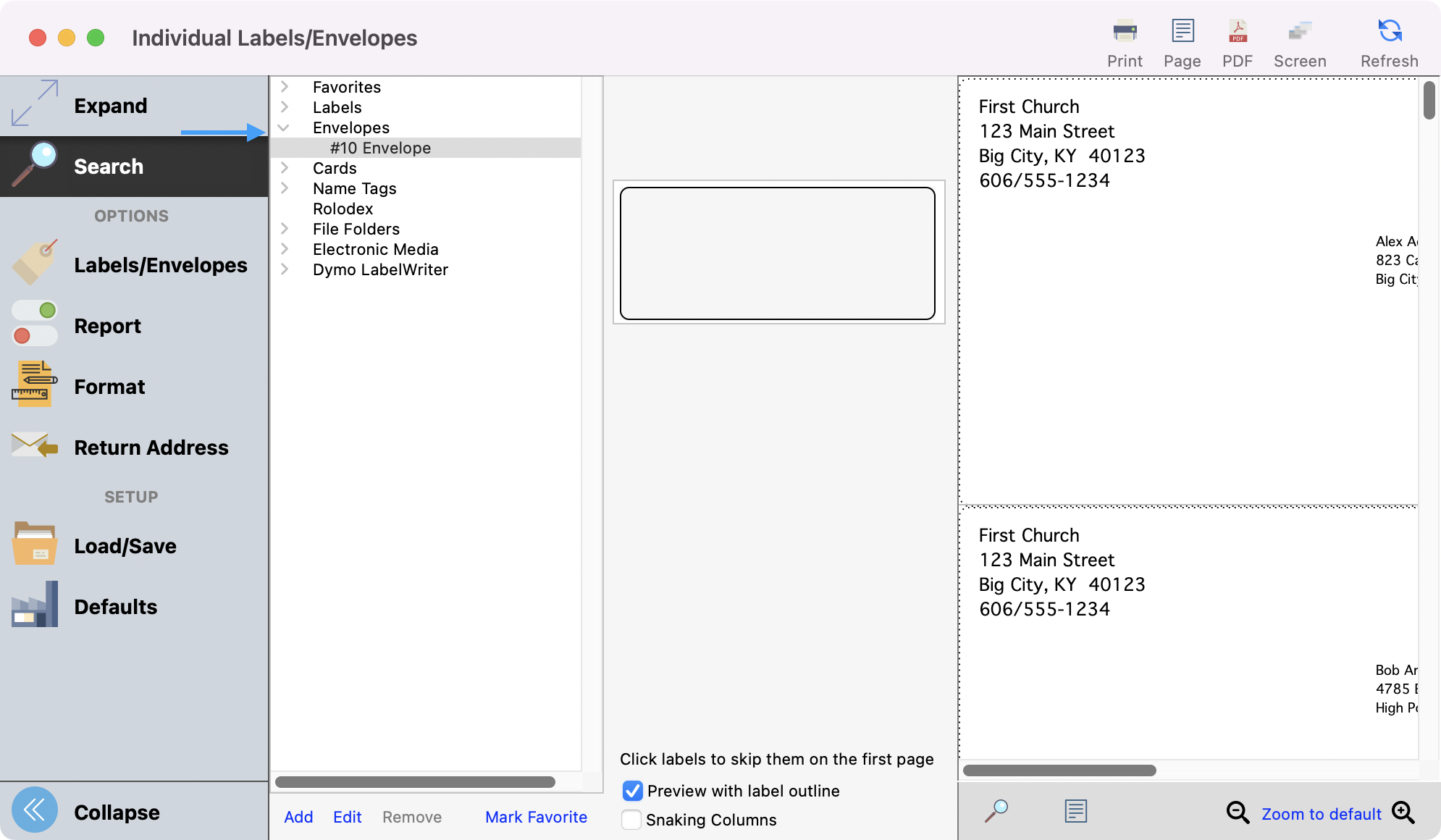 Label envelope window with an arrow pointing to the options under envelopes.