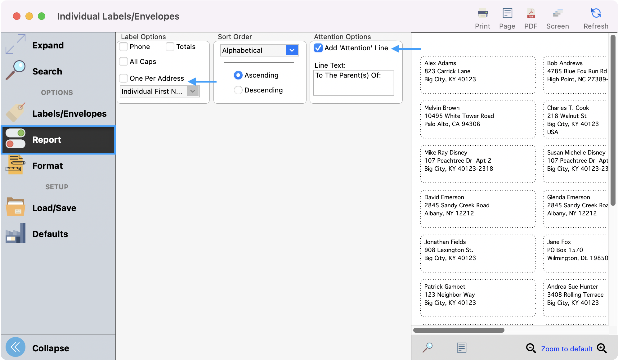 The labels envelope window with Report highlighted in the left sidebar. Arrows are pointing to the One Per Address and Add Attention Line options. 