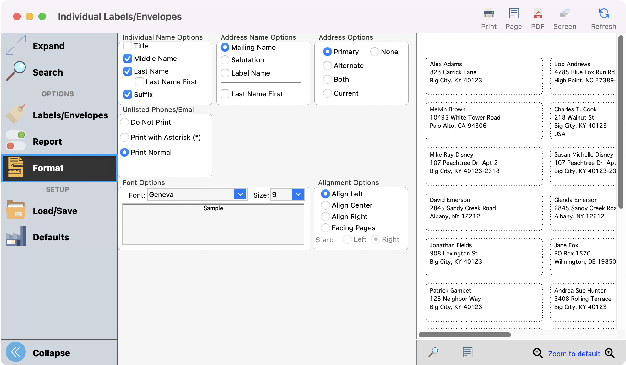 Label envelope window with Format highlighted from the left sidebar.