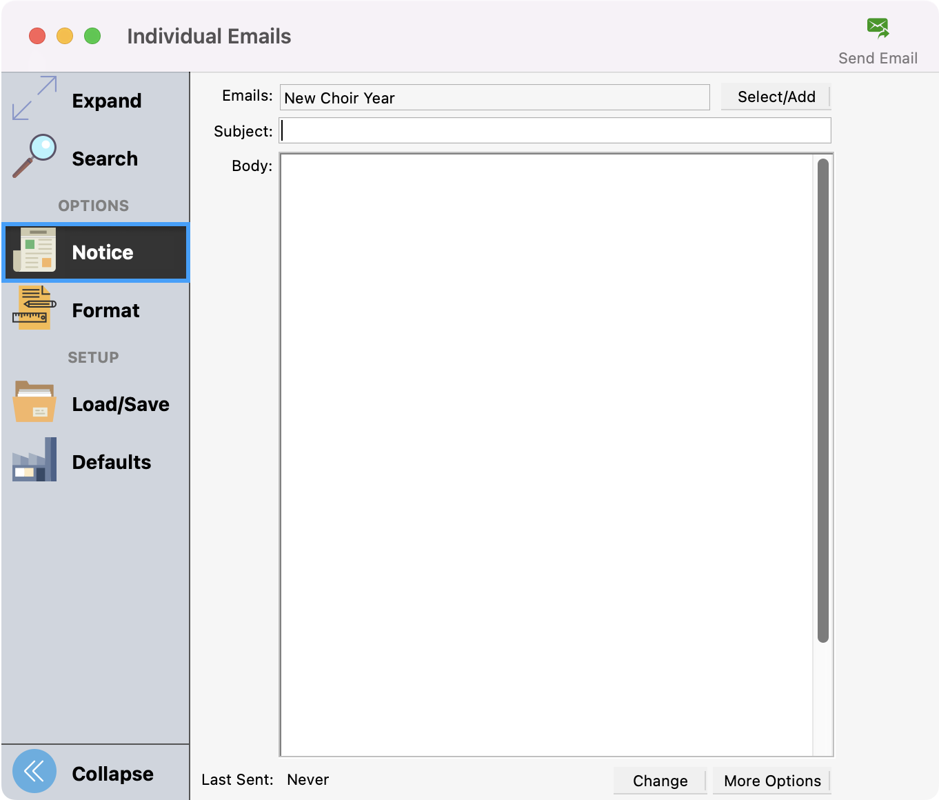 Individual Emails window with Notice highlighted in the left sidebar. 