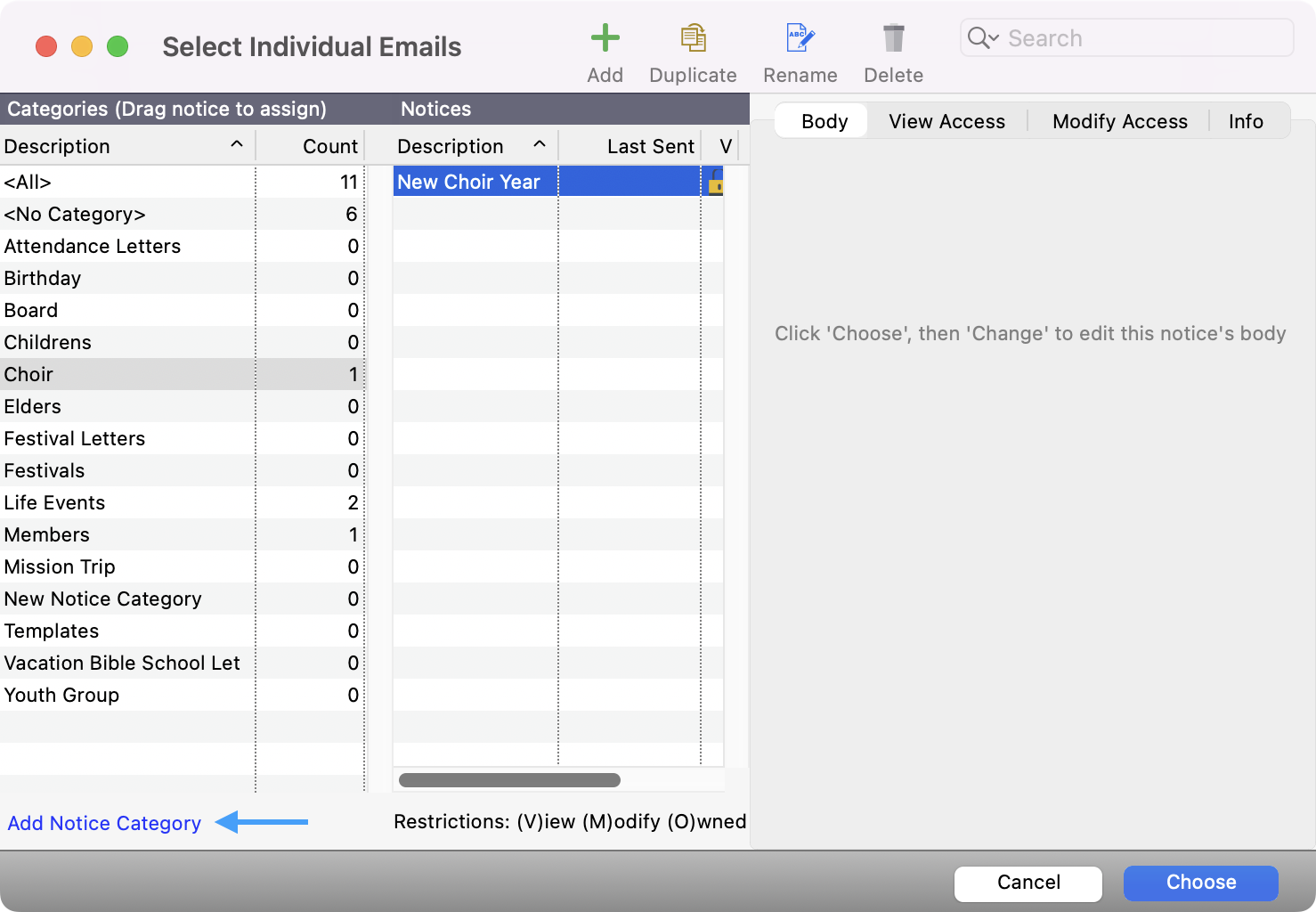 Select Individual Emails window with an arrow pointing to Add Notice Category.