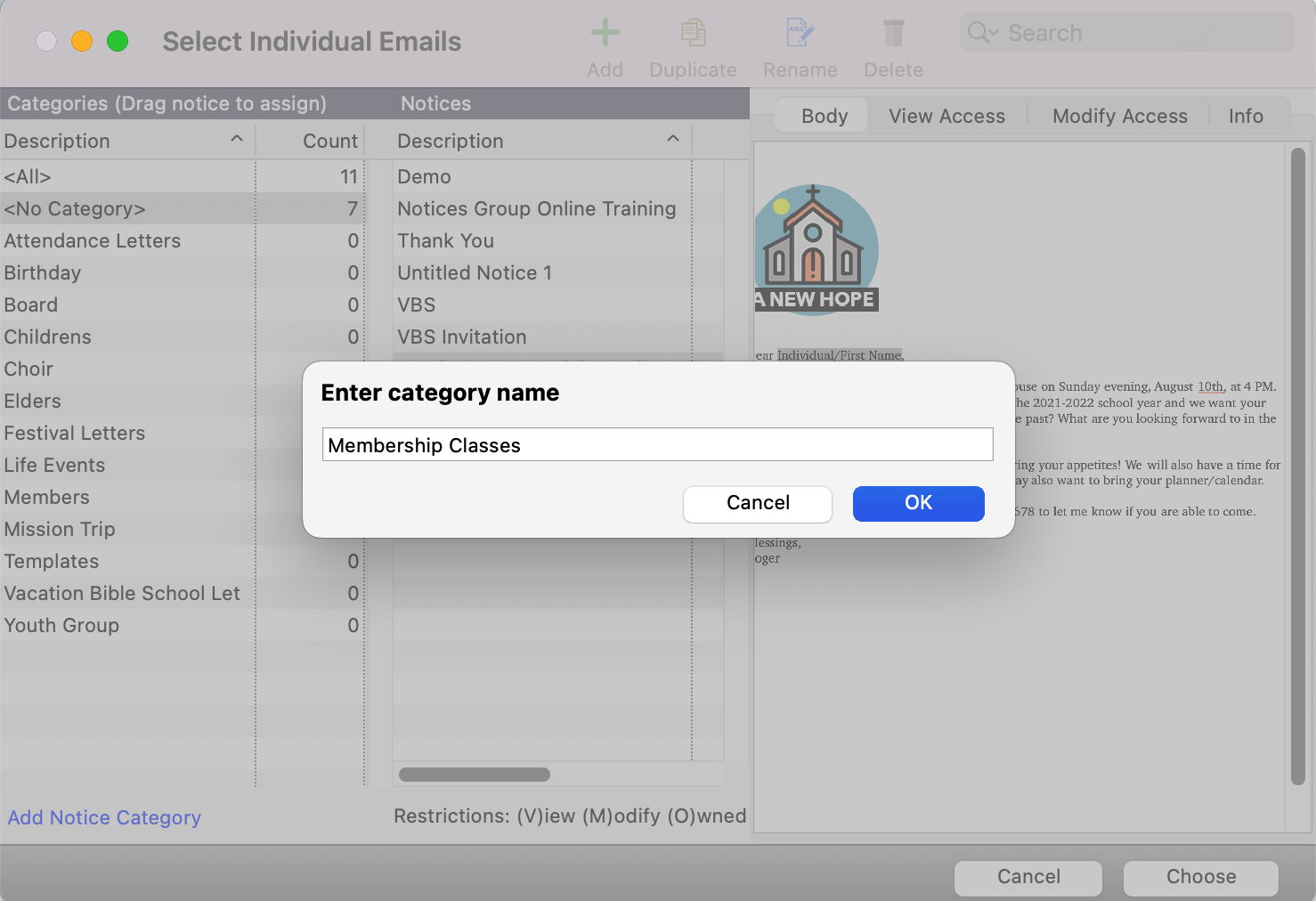 Select Indivdual Emails window with the Enter category name pop-up.