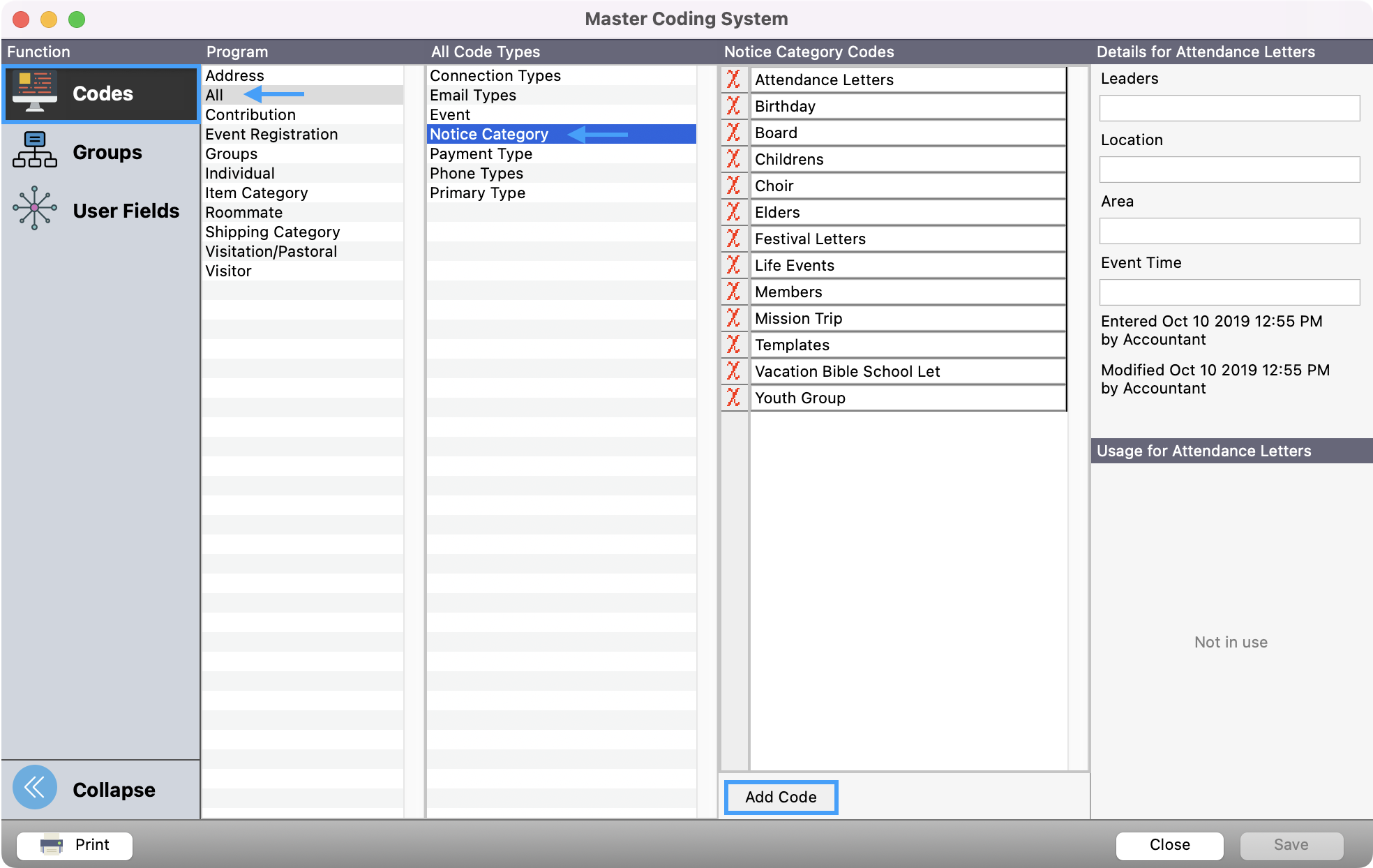 Master Coding System window with Codes highlighted in the left sidebar and an arrow pointing at All and Notice Category. The Add Code button is also highlighted. 