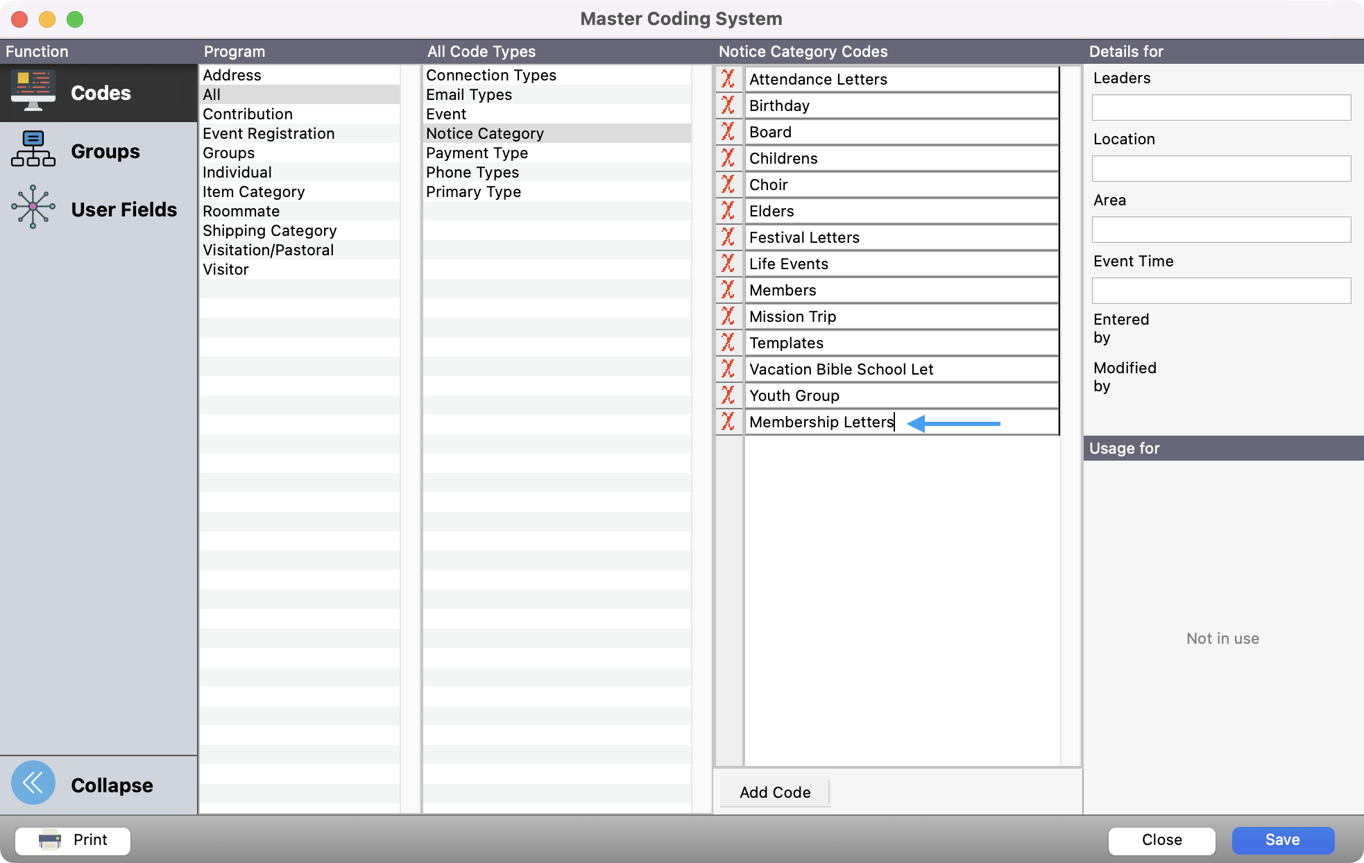 Master Coding System window with an arrow pointing to the new category.