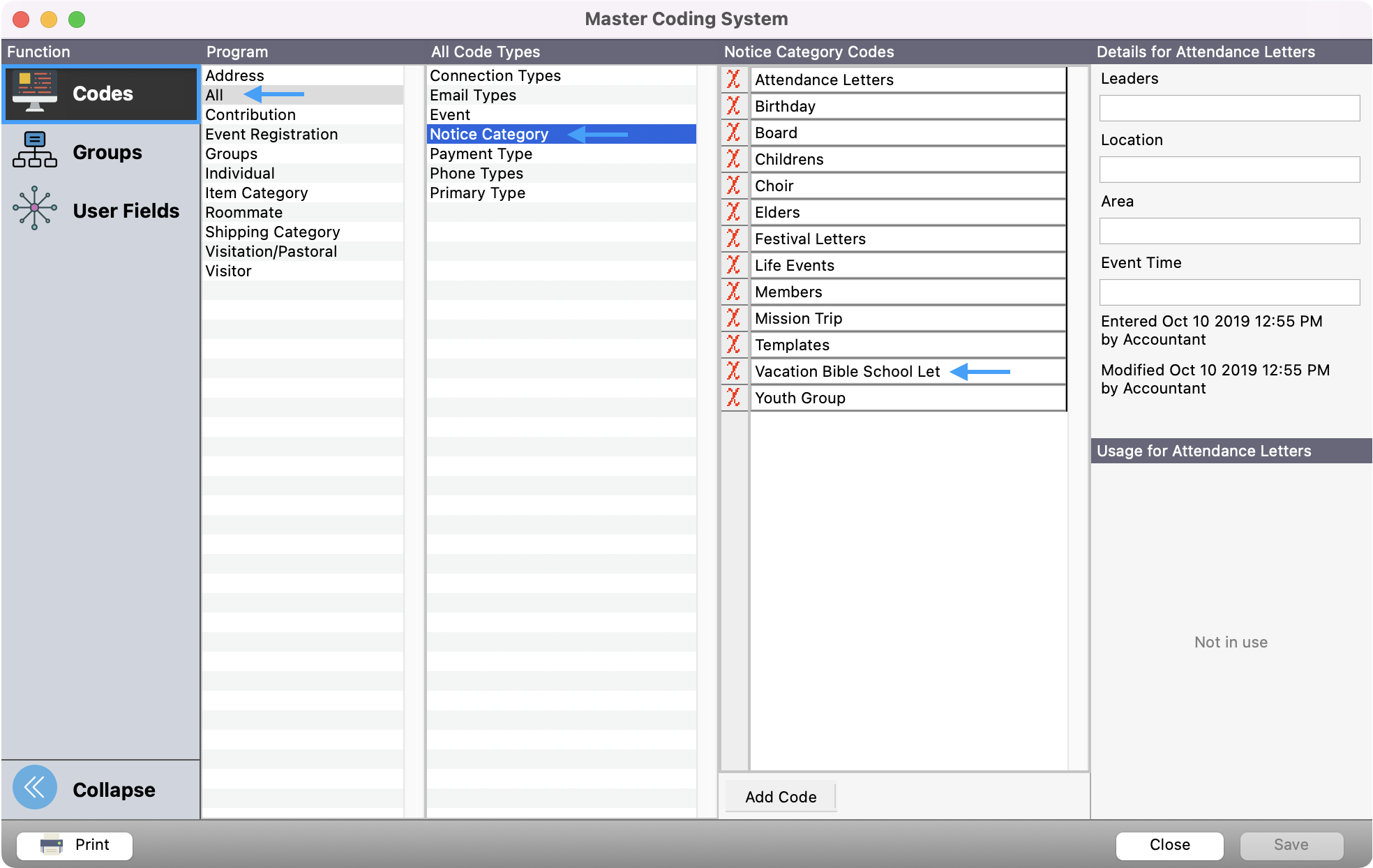 Master Coding System window with Codes highlighted in the left sidebar and an arrow pointing at All,  Notice Category, and an existign category.