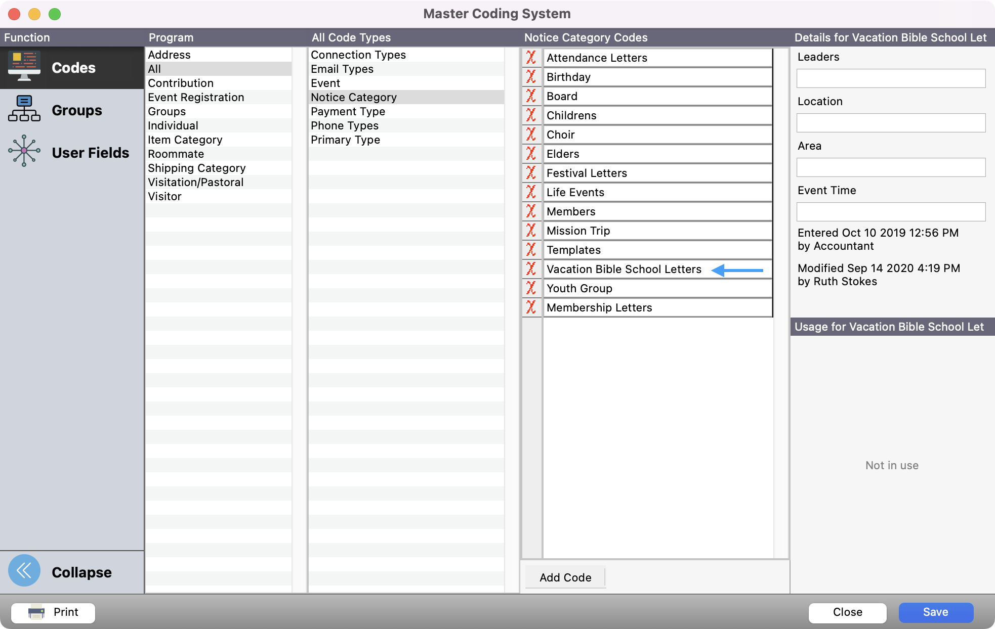 Master Coding System window with an arrow pointing to the edited category.