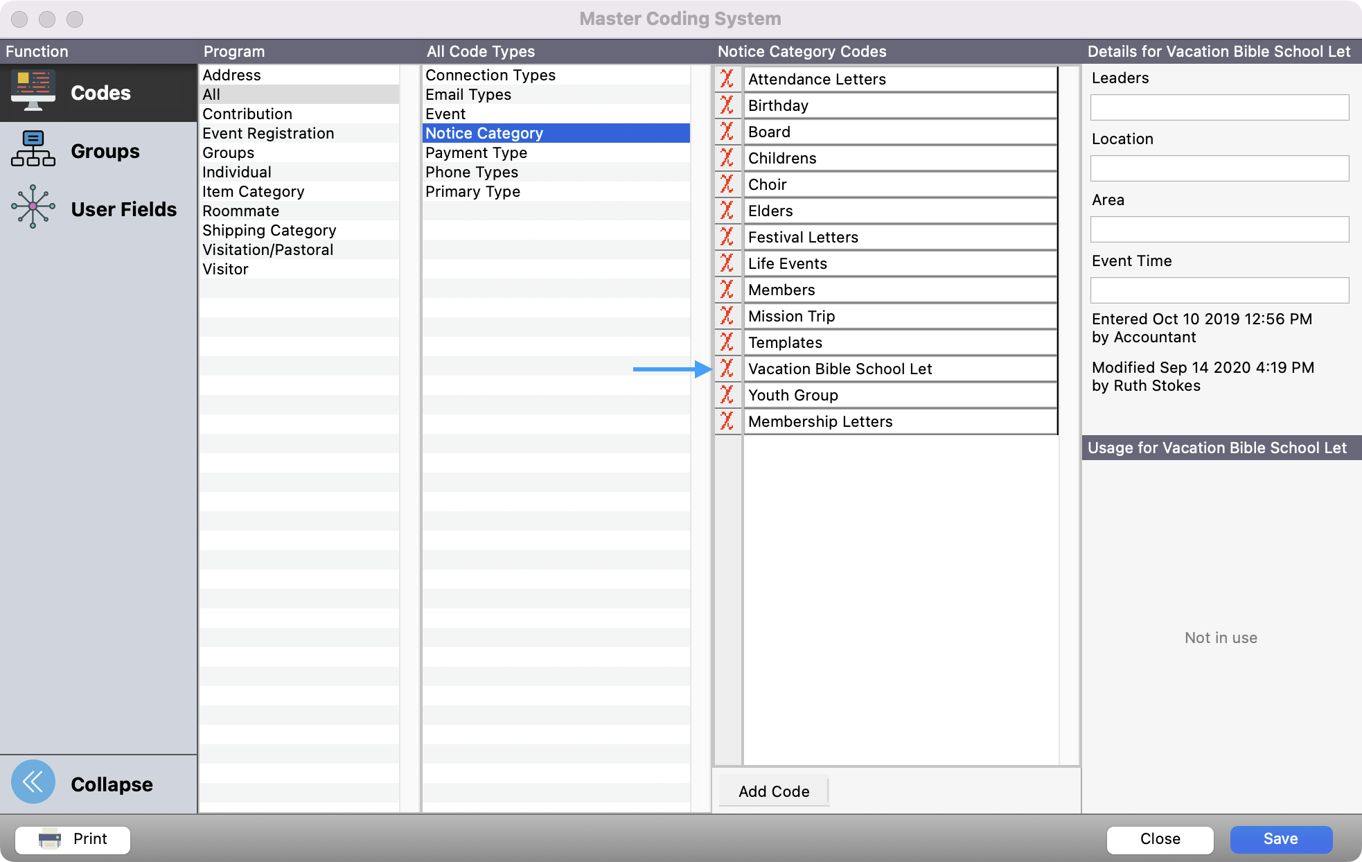 Master Coding System window with an arrow pointing to a red x next to a category name.