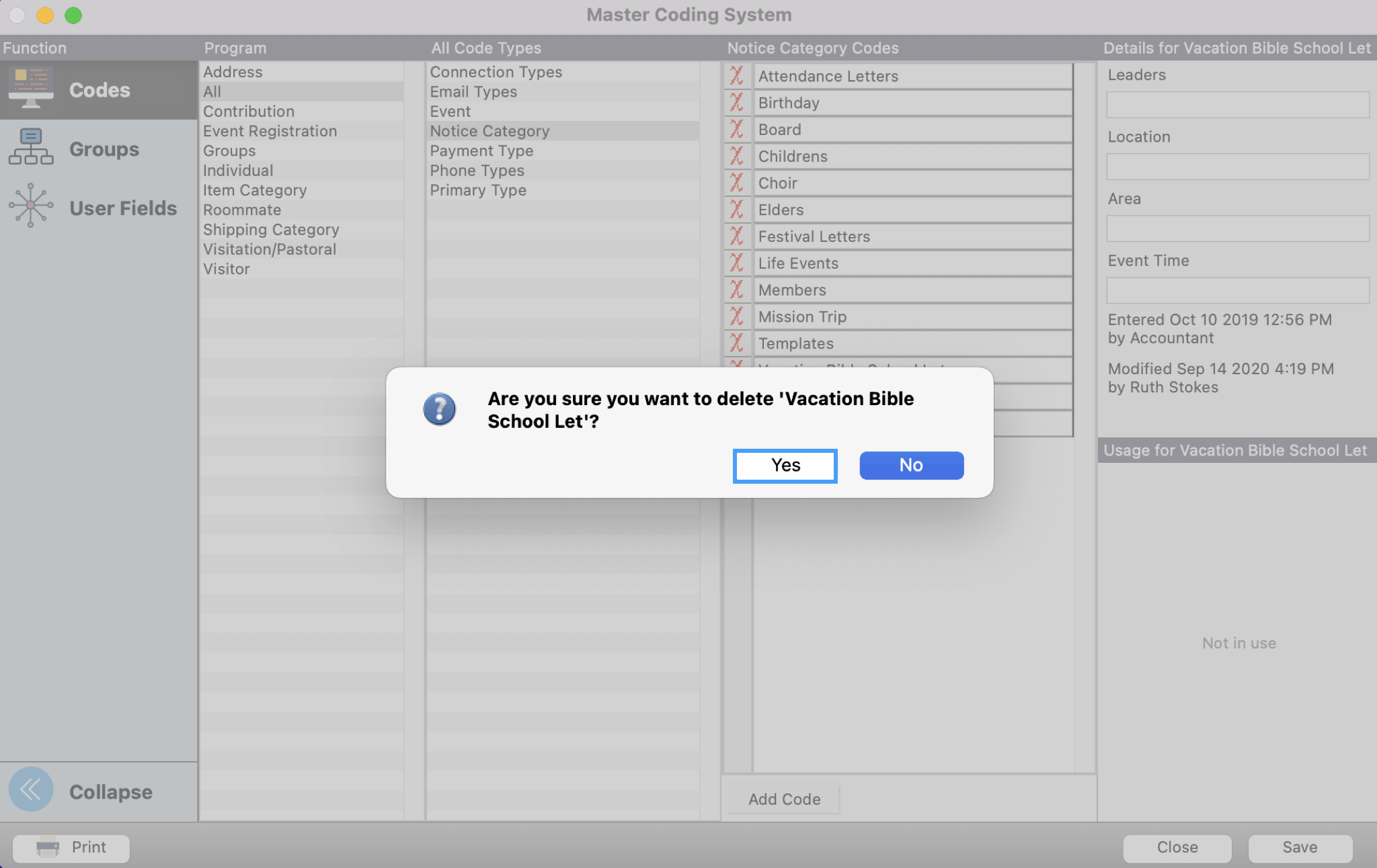 Master Coding System Window with the confirmation pop-up.