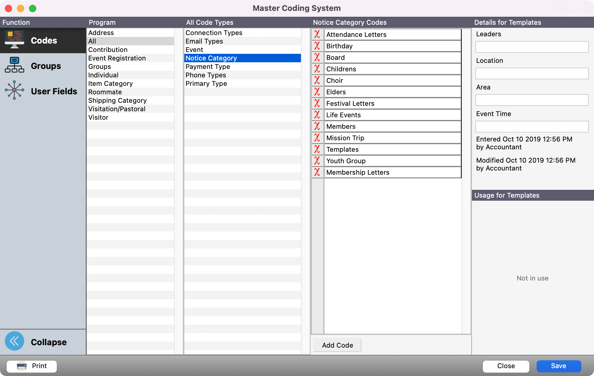 Master Coding System window. 